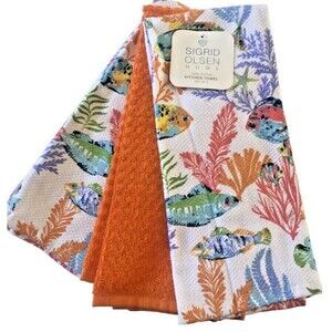 Sigrid Olsen Kitchen Dish Towels Tropical Fish Summer Beach House Home Set of 3